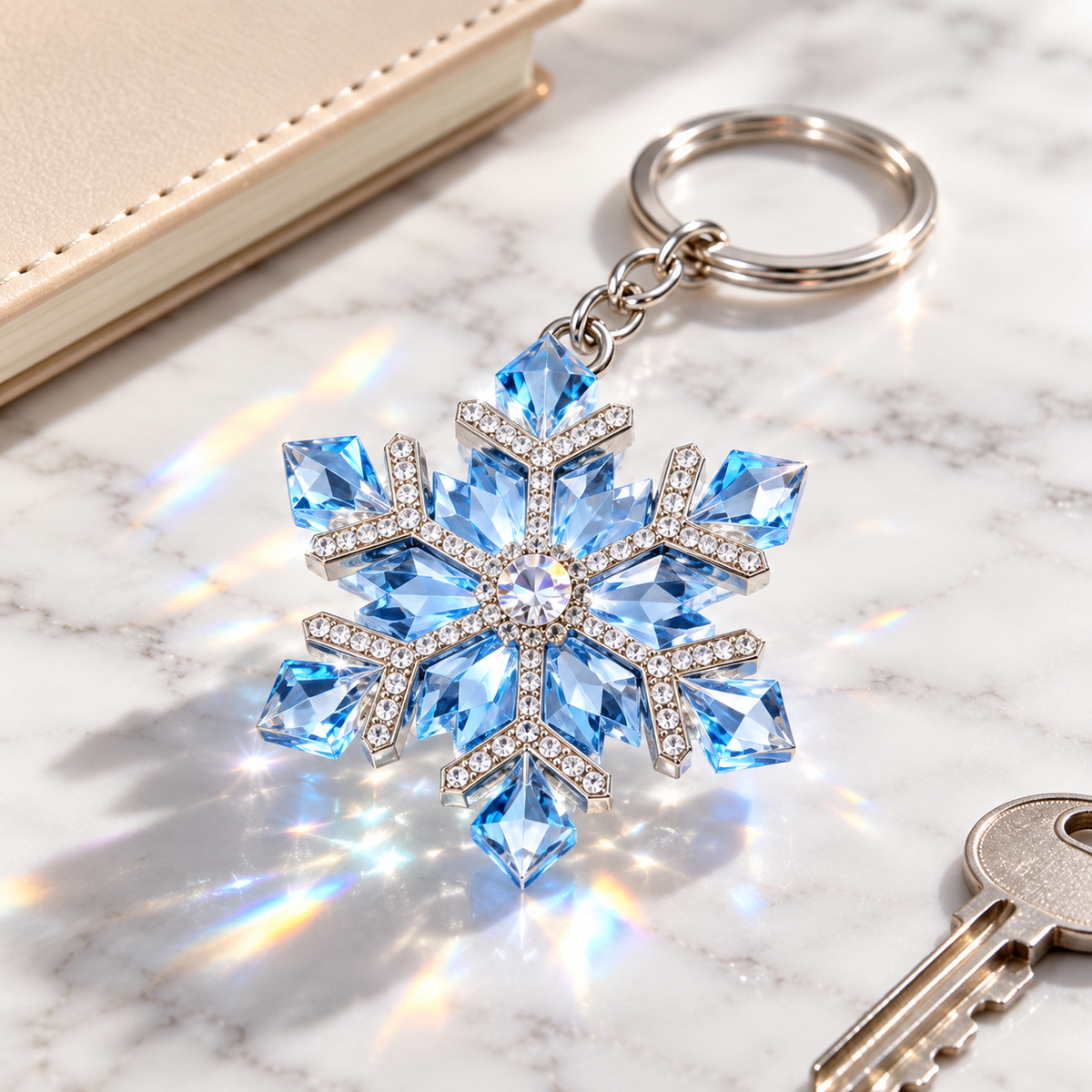Icy Blue Crystal Snowflake Keychain
