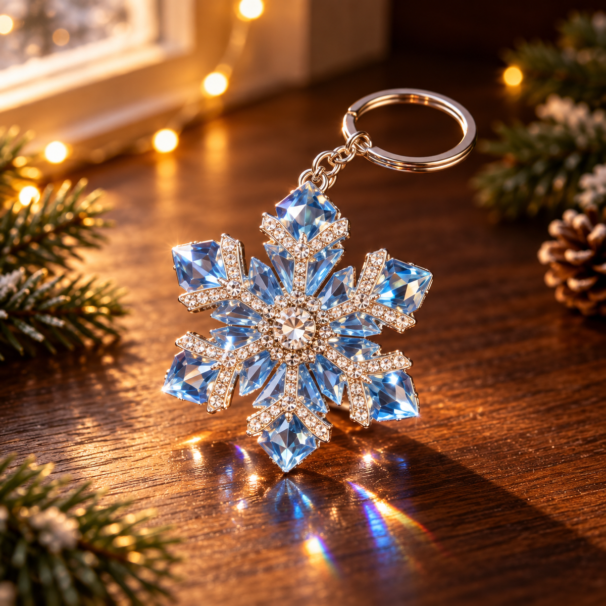 Icy Blue Crystal Snowflake Keychain