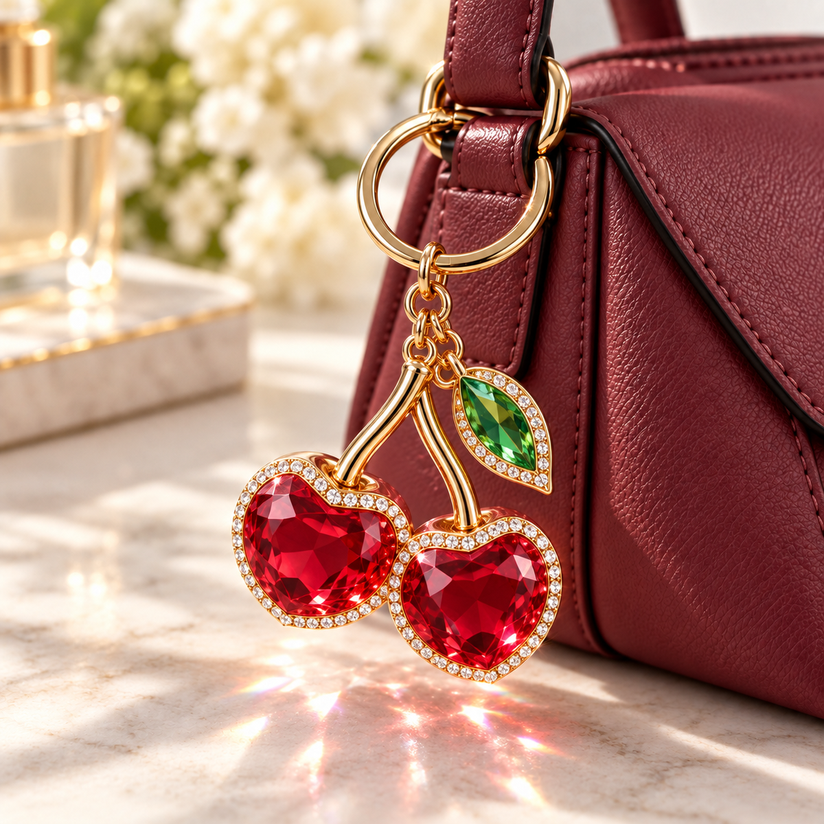 Ruby Crystal Cherry Keychain