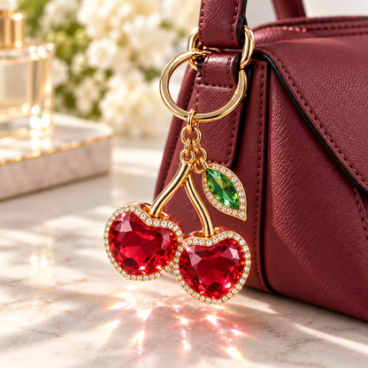 Ruby Crystal Cherry Keychain