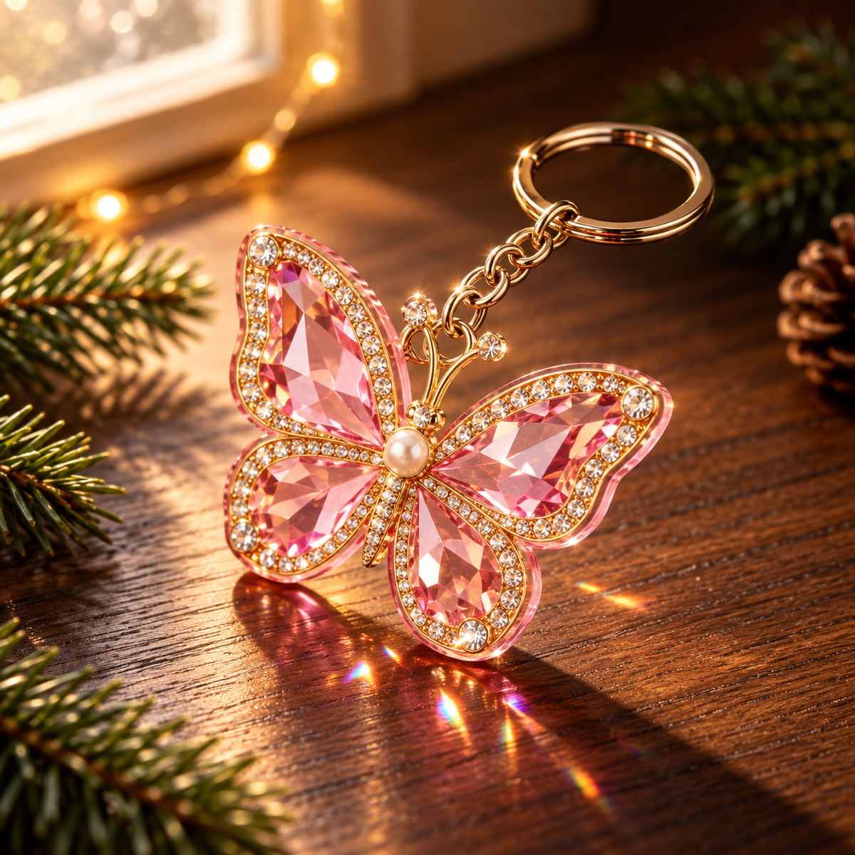 Pink Crystal Monarch Keychain