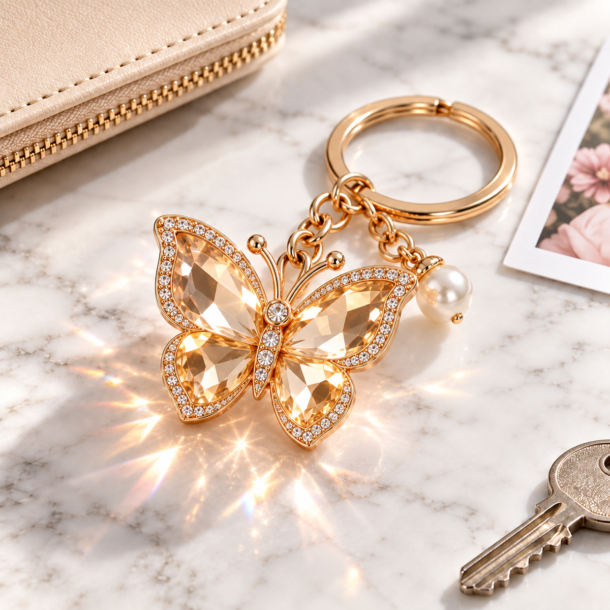 Champagne Crystal Butterfly Keychain