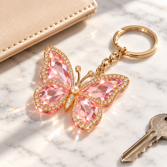 Pink Crystal Monarch Keychain