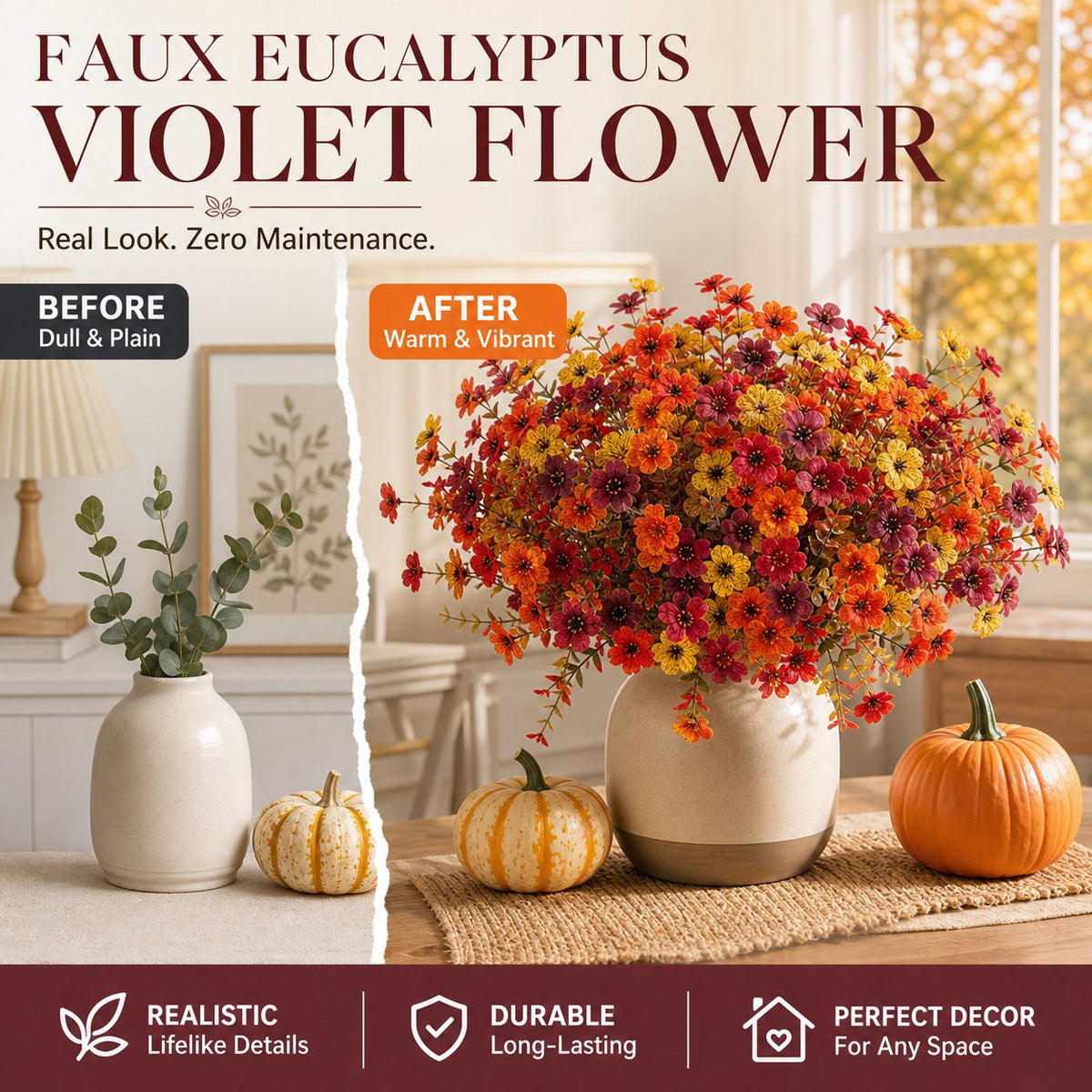 🧡🍂Artificial Autumn Violet Silk Flower Bouquet