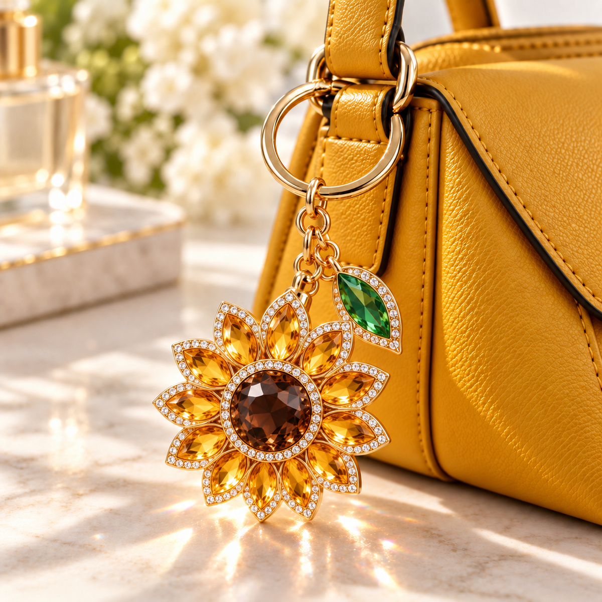 Golden Crystal Sunflower Keychain