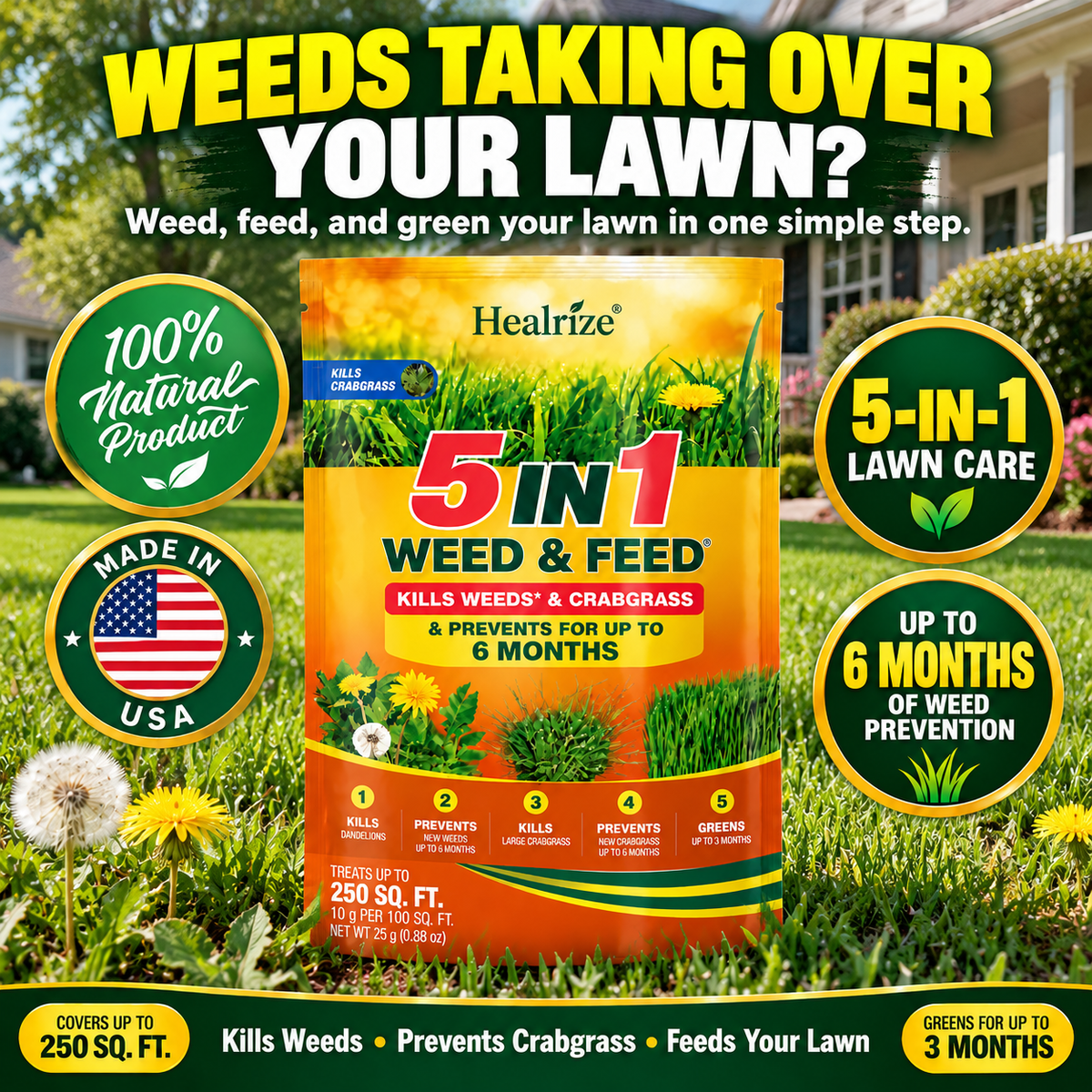 🔥 5-in-1 Weed & Feed | Fast-Acting Dual-Action Granules for Stubborn Lawn Weeds & a Greener-Looking Lawn