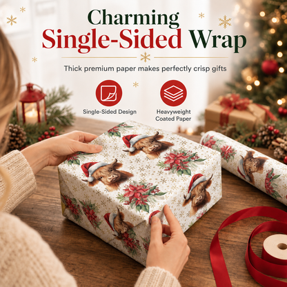 🎄 Christmas Highland Cow and Floral Pattern Gift Wrapping Paper Roll