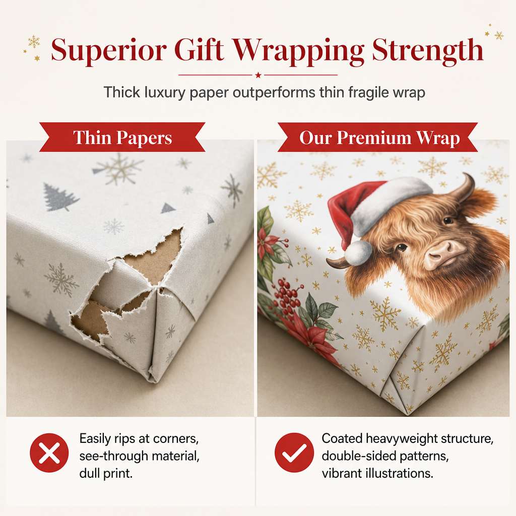 🎄 Christmas Highland Cow and Floral Pattern Gift Wrapping Paper Roll