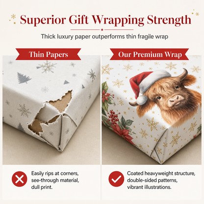 🎄 Christmas Highland Cow and Floral Pattern Gift Wrapping Paper Roll