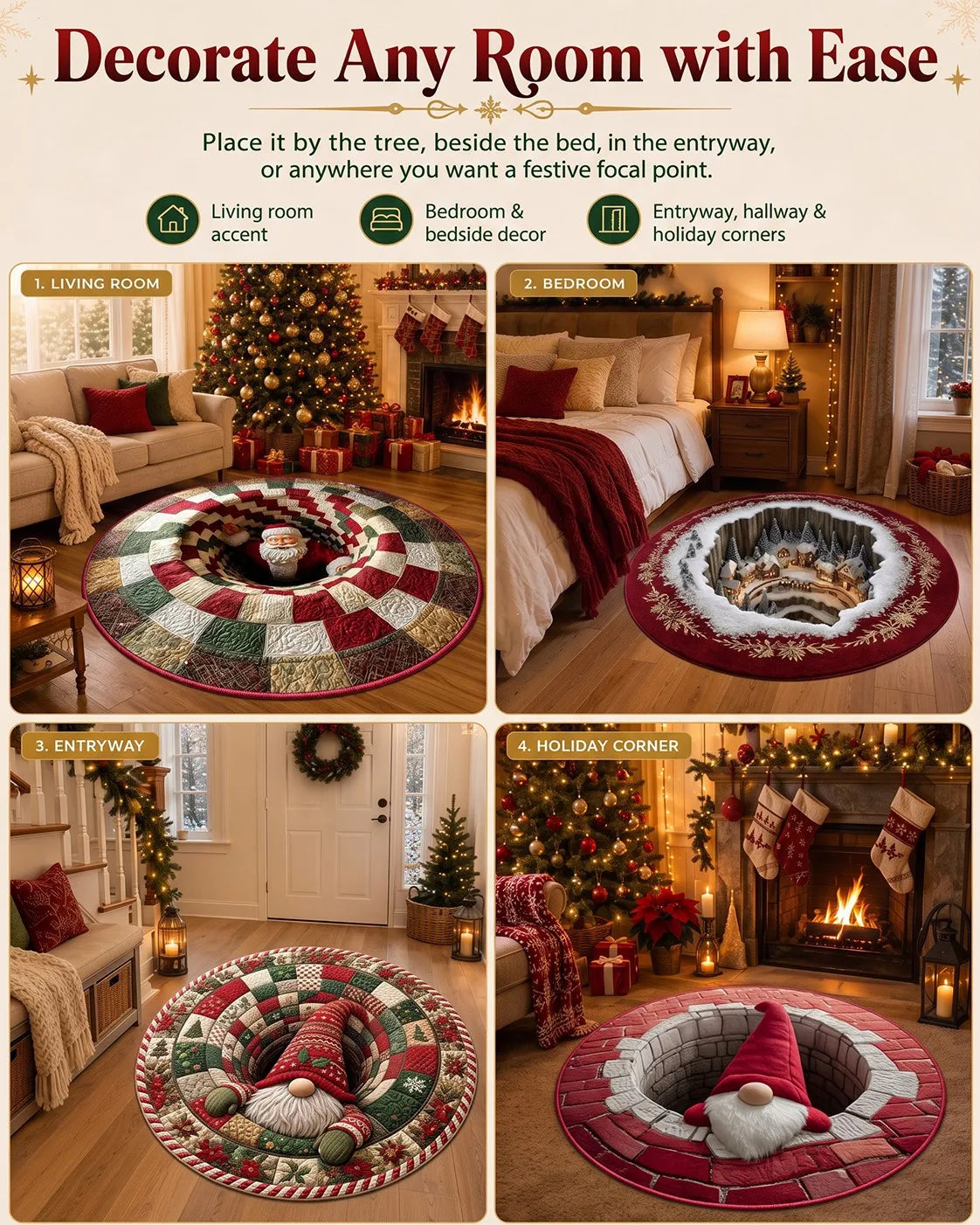 🎄3D Christmas Gnome Optical Illusion Round Rug | Fun Festive Home Decor Must‐Have⭐🏠🎁