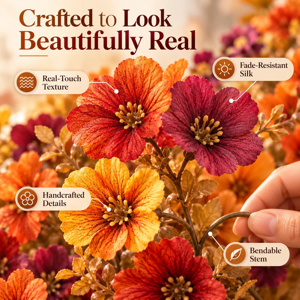 Close-up of orange and violet faux flower petals and a flexible artificial stem