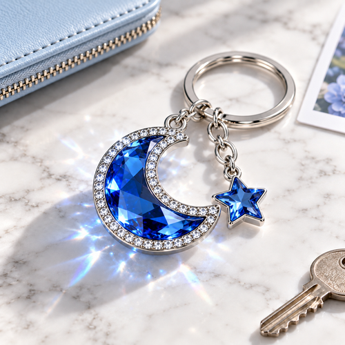 Blue Crystal Moon & Star Keychain