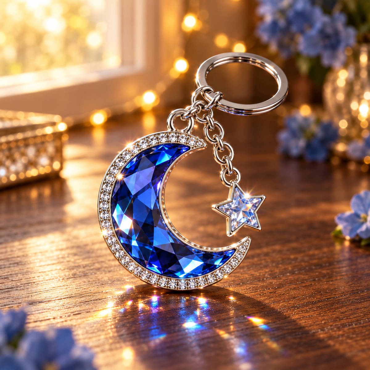 Blue Crystal Moon & Star Keychain