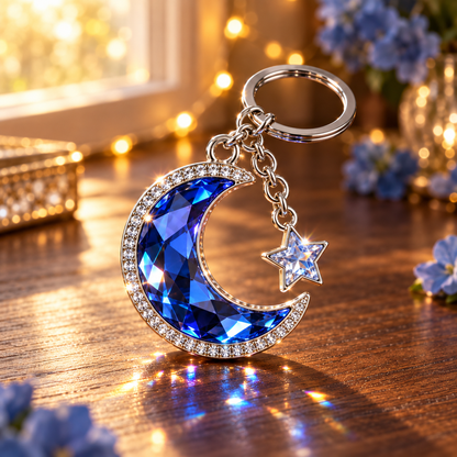 Blue Crystal Moon & Star Keychain