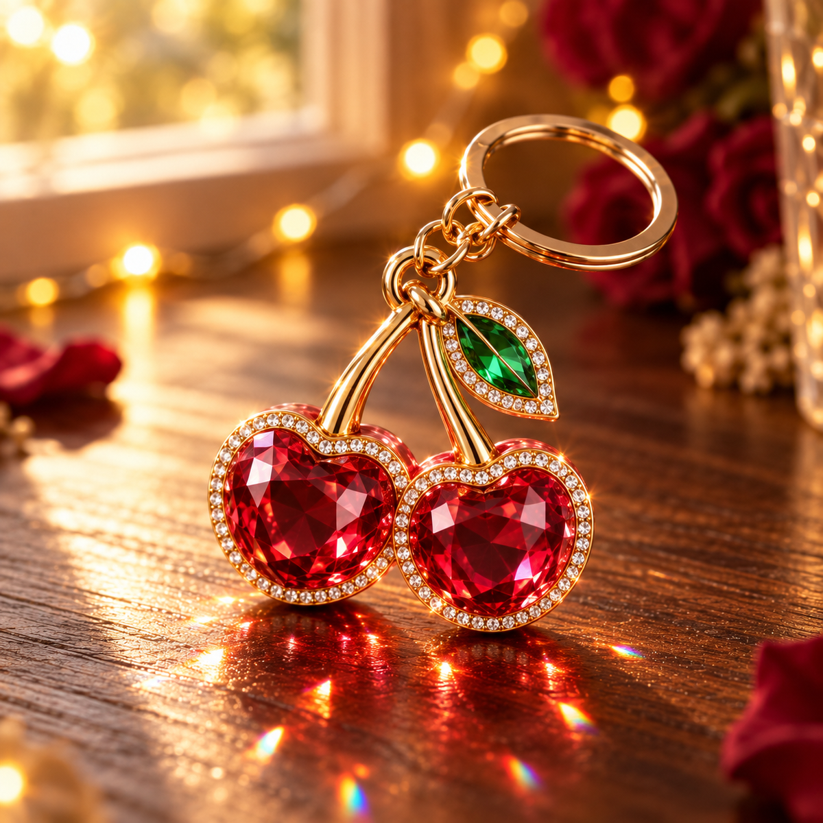 Ruby Crystal Cherry Keychain