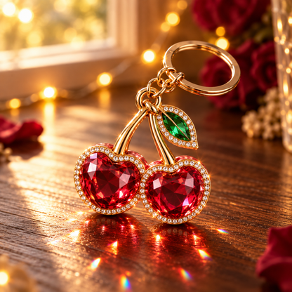 Ruby Crystal Cherry Keychain