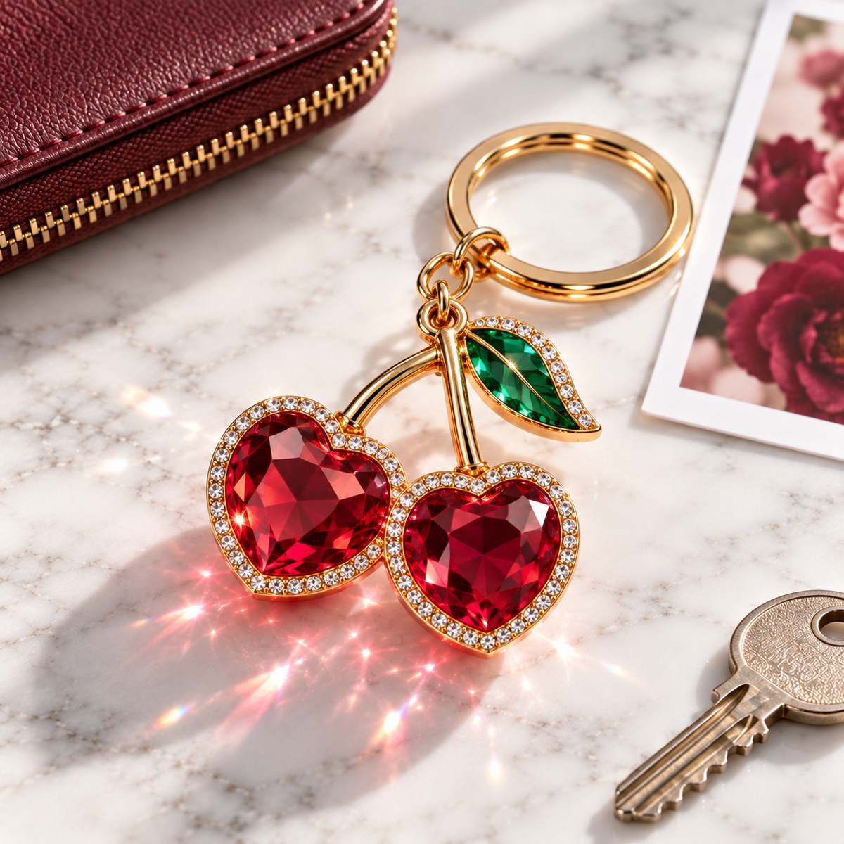Ruby Crystal Cherry Keychain